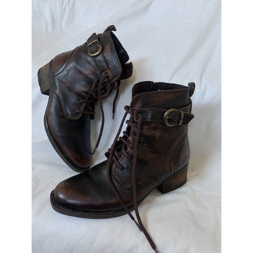 Born Womens Dark Brown Combo Leather Lace up/Side Zipper Boots‎ Size 6.5 M